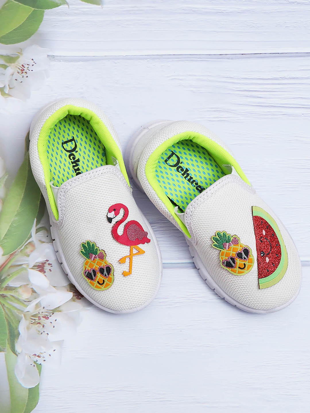 

DChica Girls White Flamingo & Fruits Applique Slip-On Sneakers