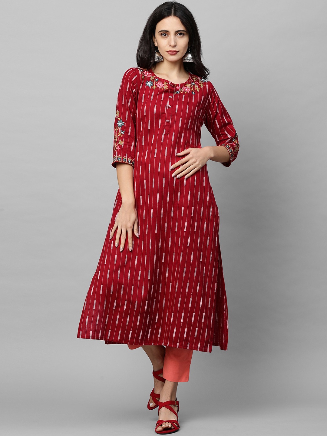 

FASHOR Women Maroon Ethnic Motifs Khari Printed Thread Work A-line Kurta