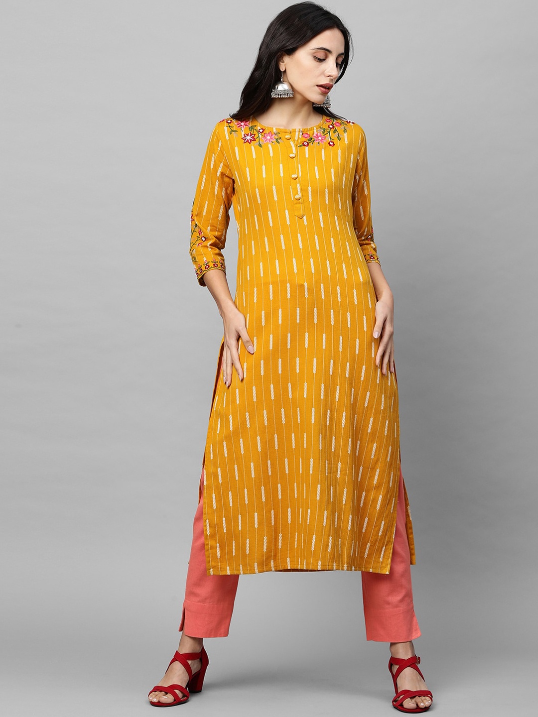 

FASHOR Women Mustard Yellow Ethnic Motifs Khari Printed Thread Work A-line Kurta