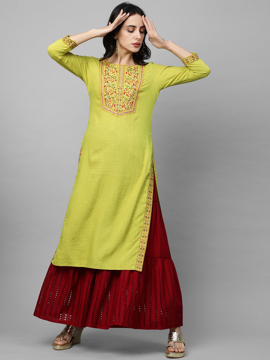 

FASHOR Women Green Checked Woven Design Yoke Thread Work A-line Kurta