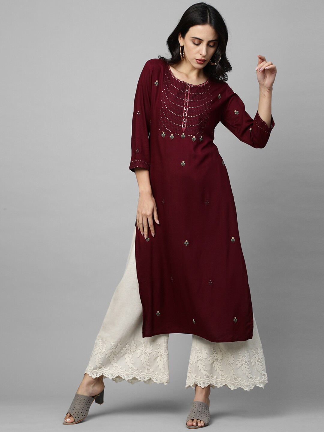 

FASHOR Women Burgundy Yoke Embellished A-line Kurta