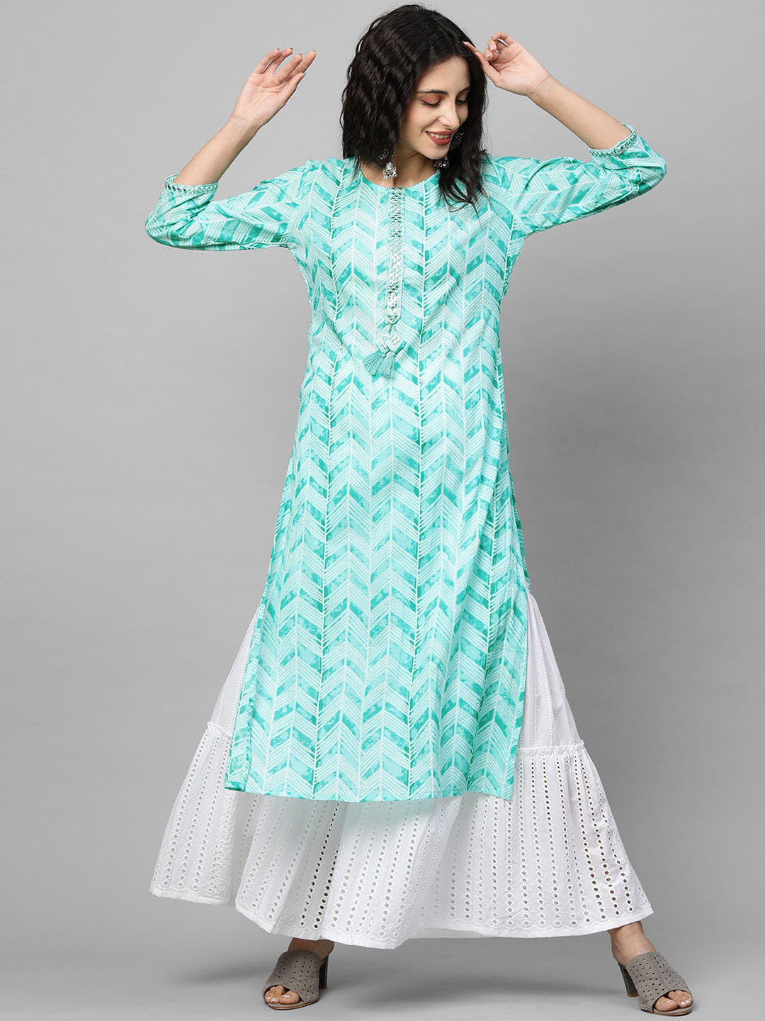 

FASHOR Women Sea Green Geometric Screen Printed Mirror Work A-line Kurta