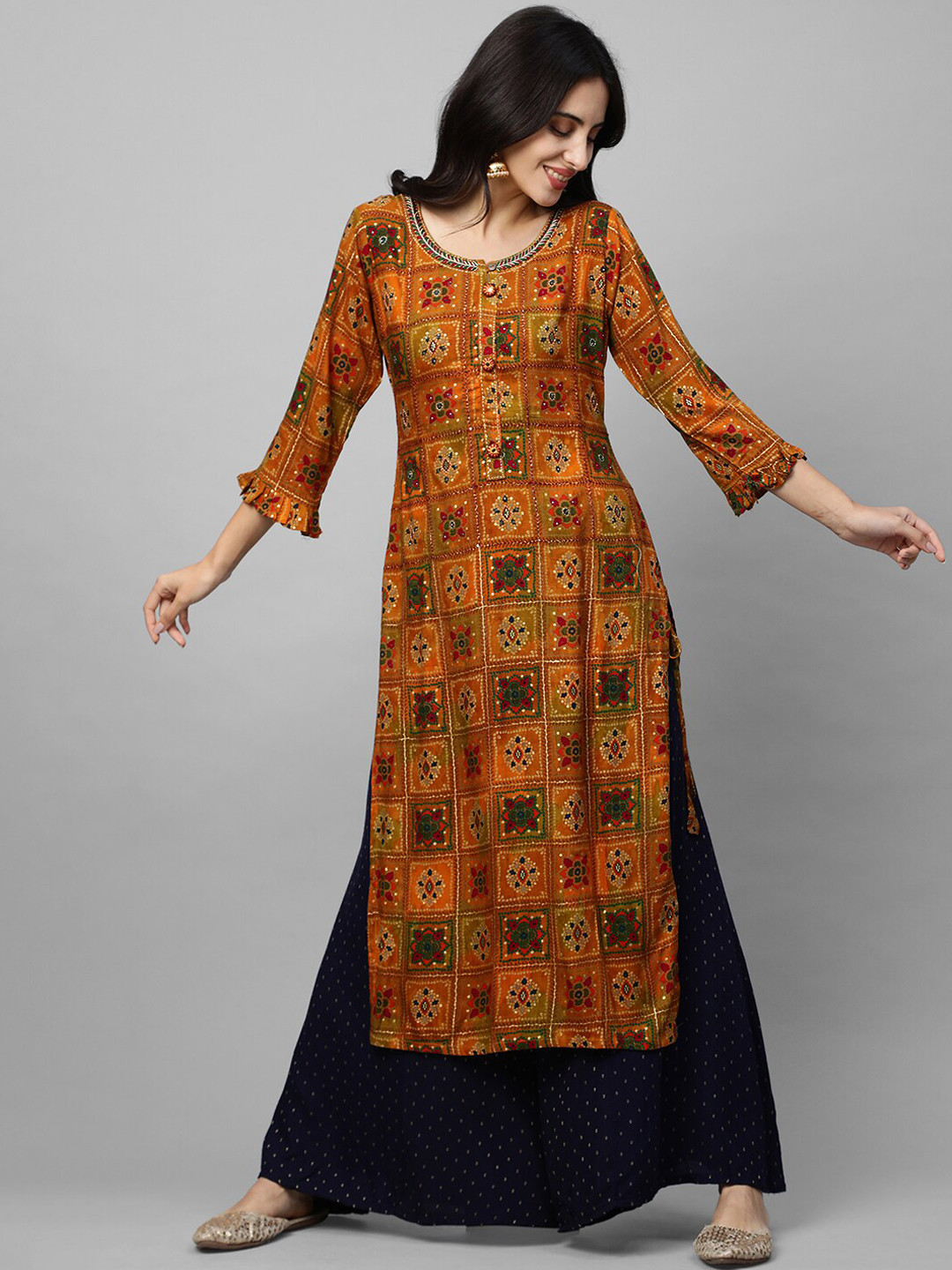 

FASHOR Women Mustard Yellow Bandhani Screen Printed Kantha Work Kurta