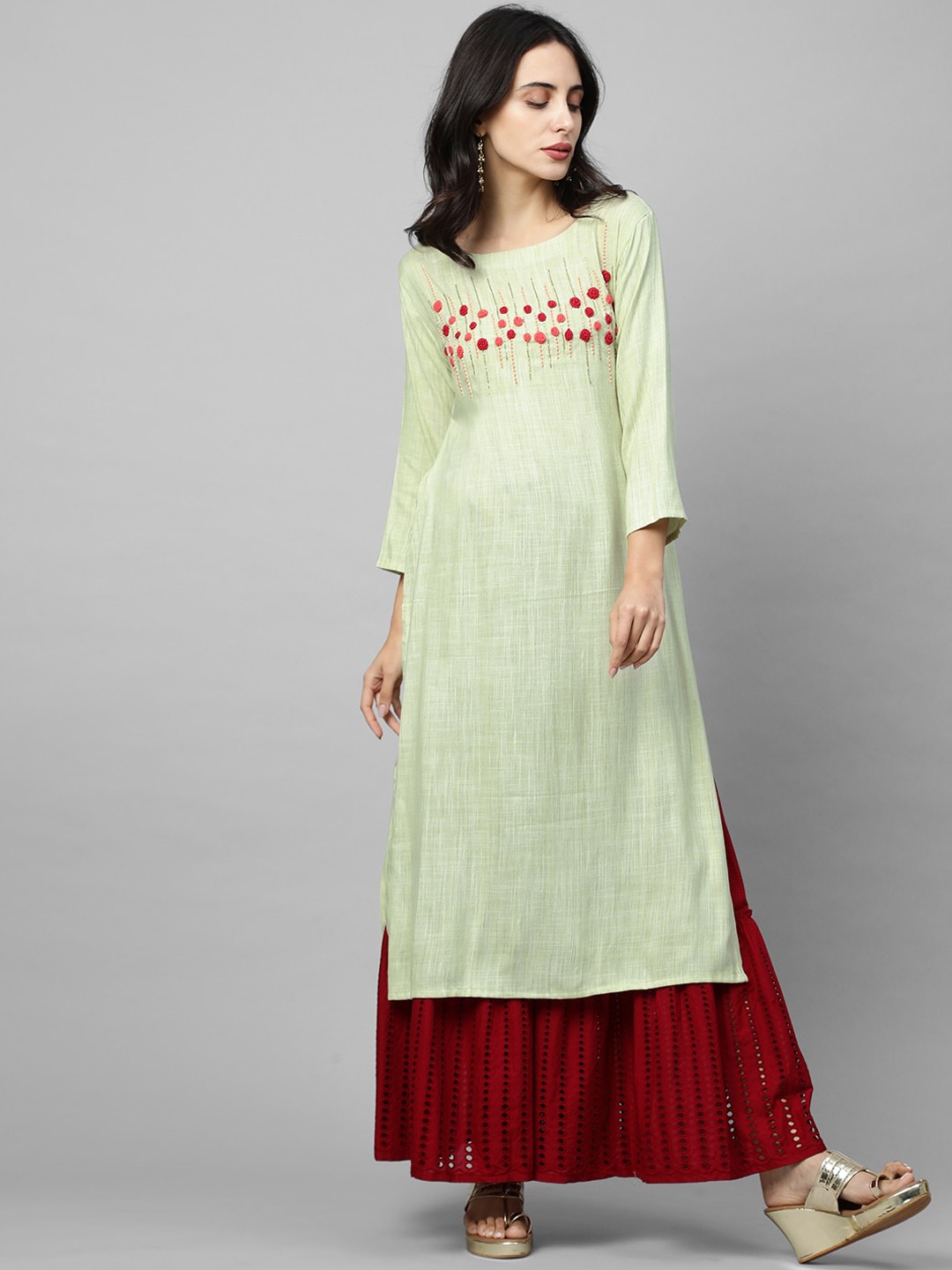 

FASHOR Women Green Bullion Knot Floral Hand Embroidered Kurta