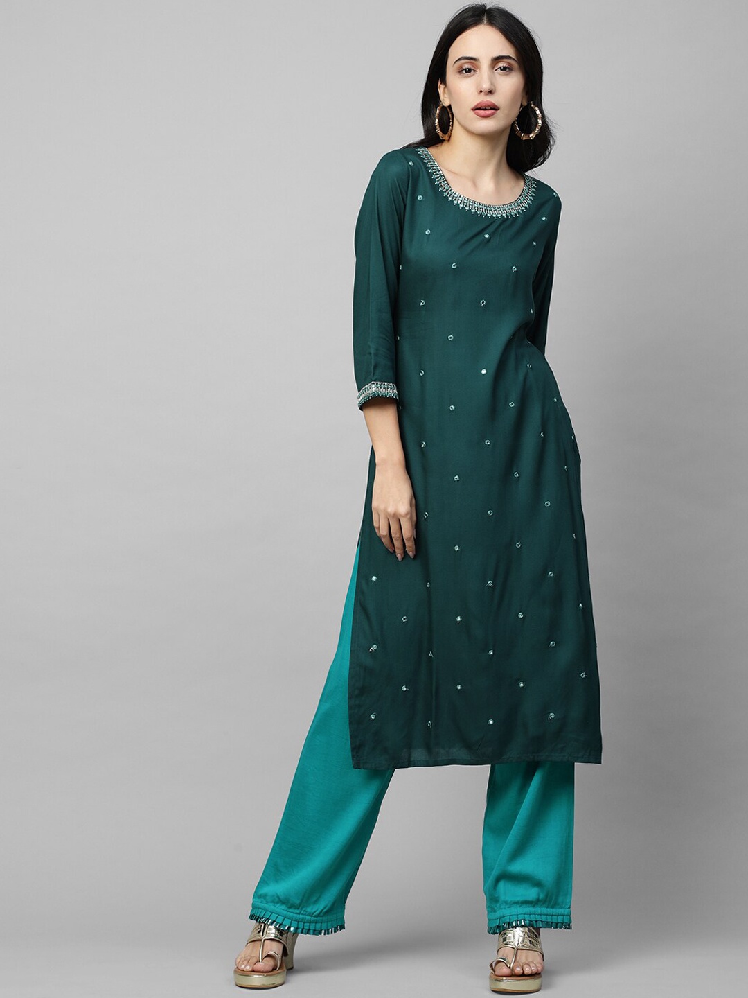 

FASHOR Women Teal Mirror Work Embellished A-line Kurta