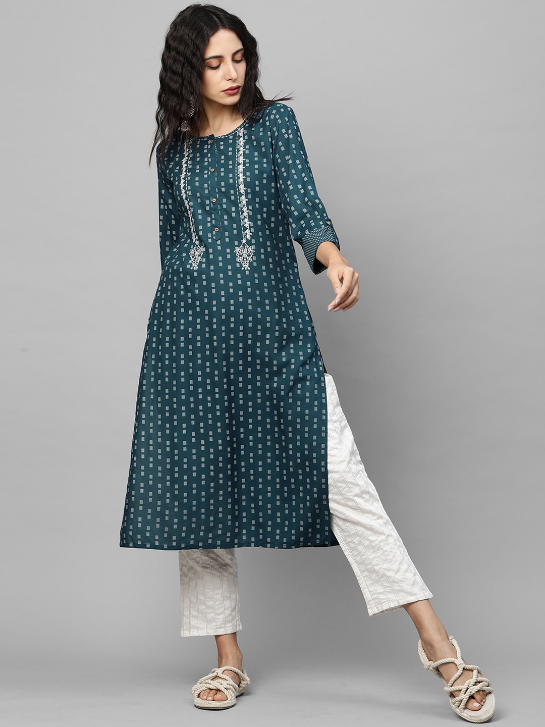 

FASHOR Women Teal Geometric Khari Printed Thread Work A-line Kurta