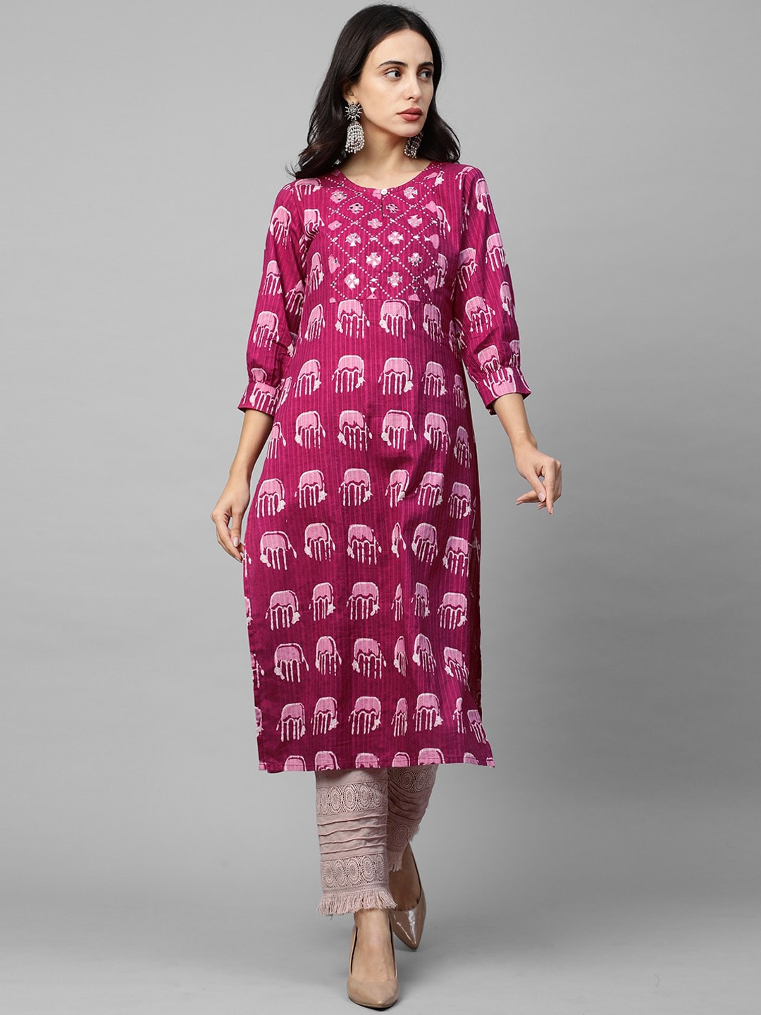 

FASHOR Women Magenta Ethnic Motifs Screen Printed Mirror Work Kurta