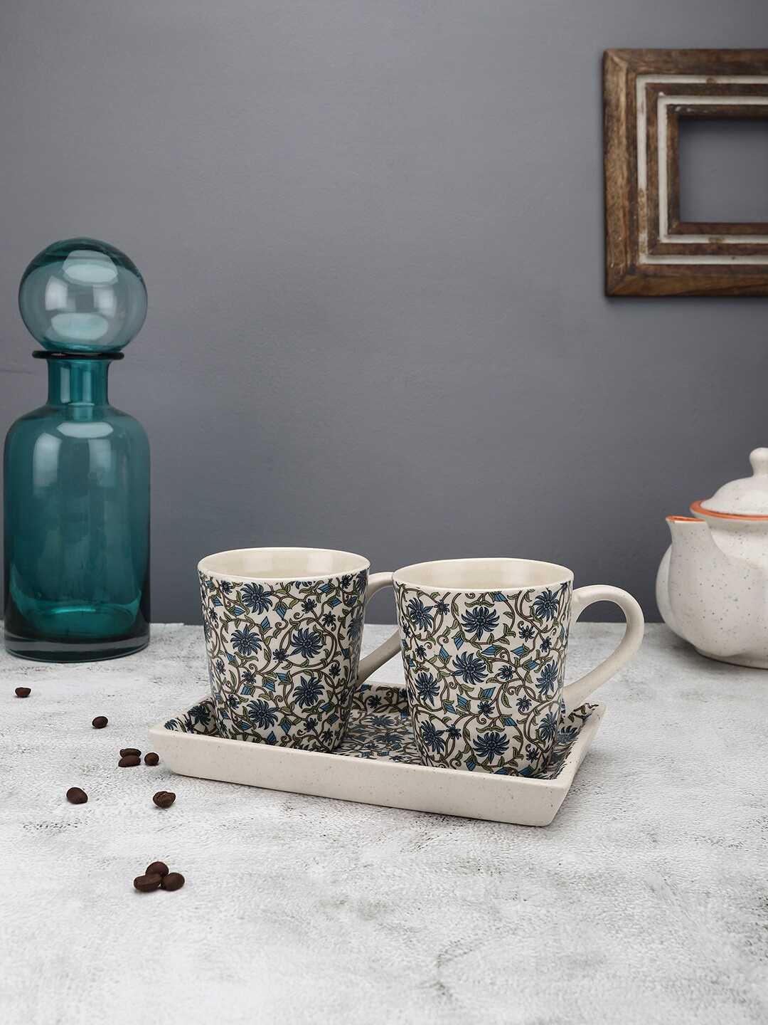 

MIAH Decor Set Of 3 Off White & Turquoise Blue Handcrafted Stoneware Matte Mugs & Tray
