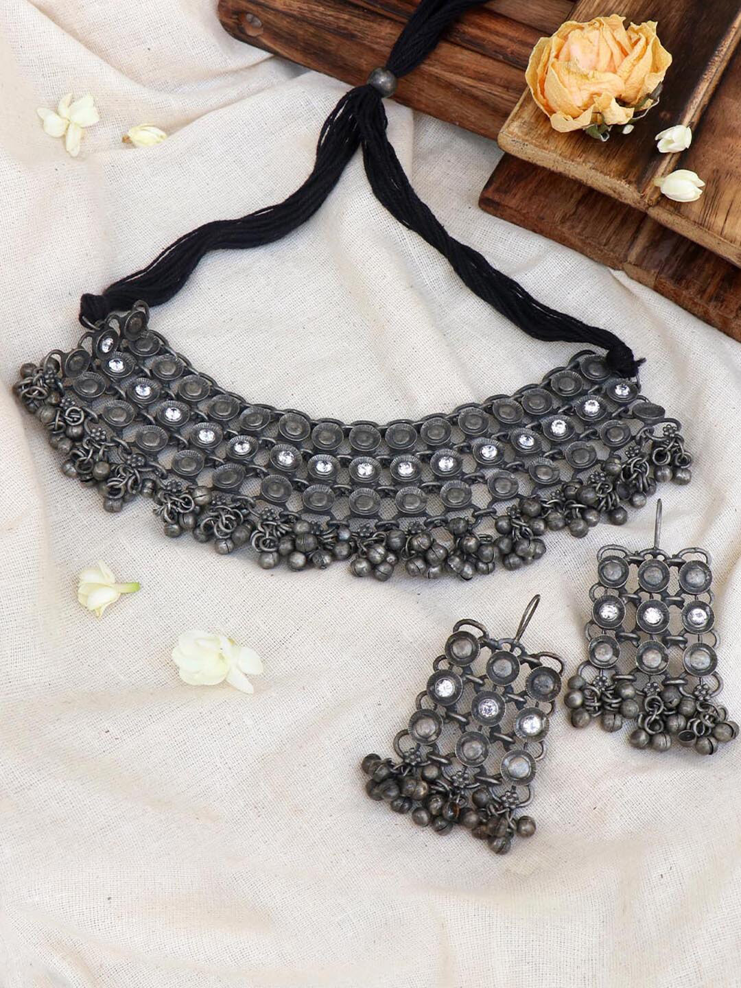 

TEEJH Oxidised Silver-Plated White Stone-Studded & Ghungroo Beaded Anaisha Jewellery Set