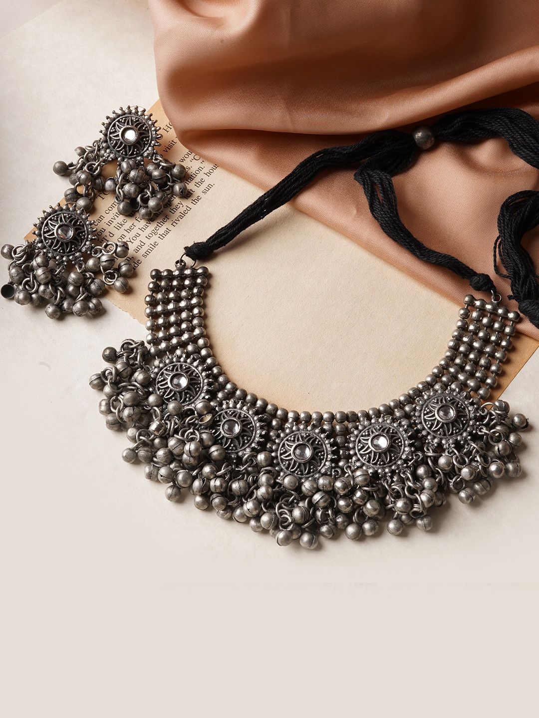 

TEEJH Oxidised Silver-Plated & White Stone-Studded & Beaded Chhaya Jewellery Set