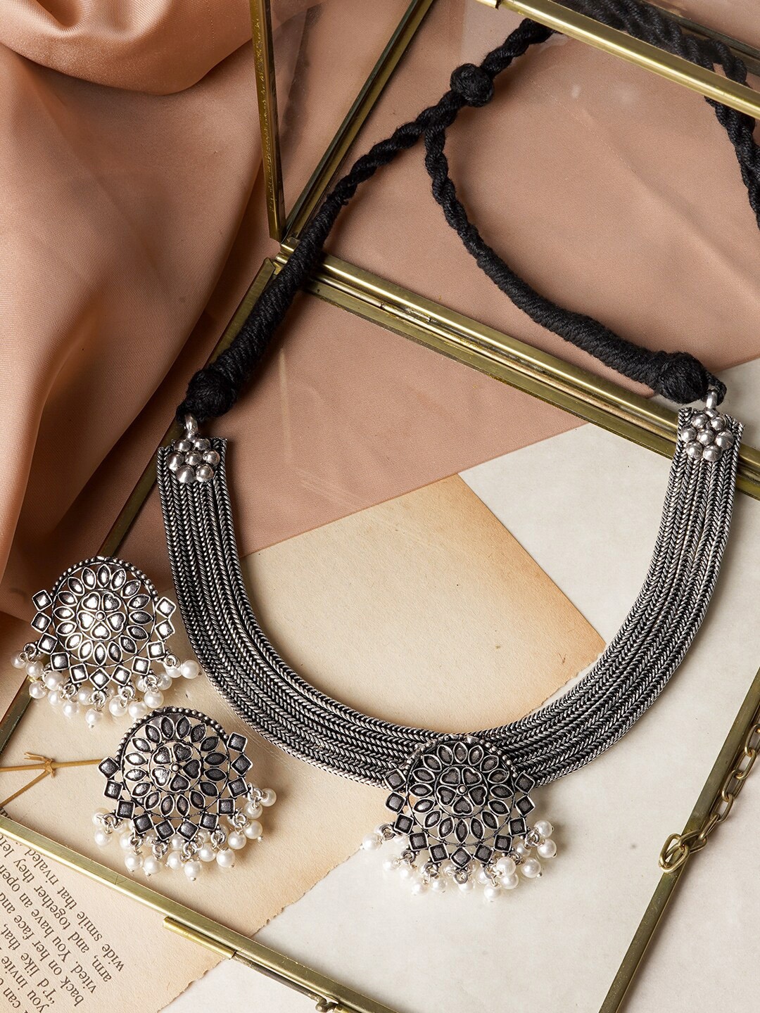 

TEEJH Oxidised Silver-Plated White Pearl Beaded Laasya Jewellery Set