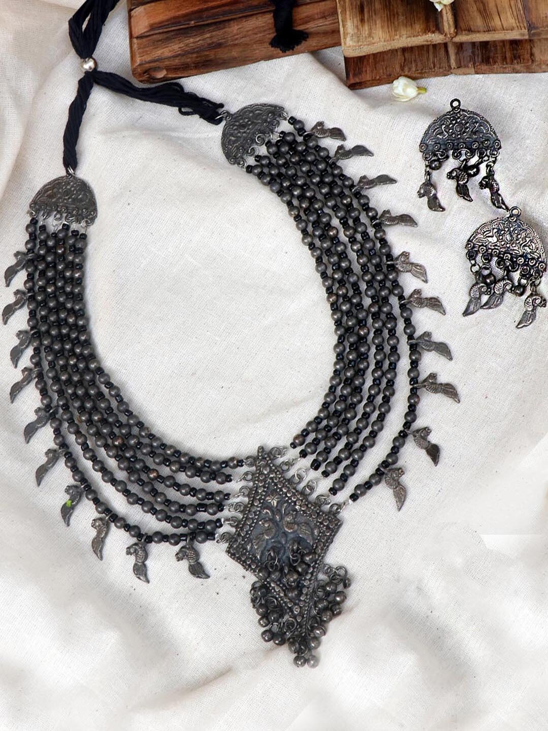 

TEEJH Oxidized Silver-Plated Black Beaded Jewellery Set