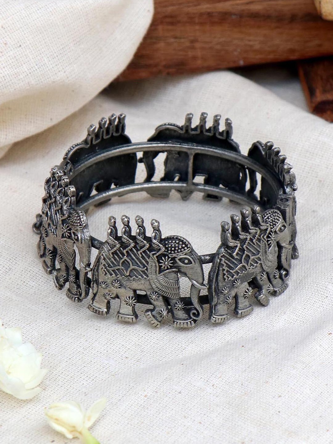 

TEEJH Women Silver-Toned Oxidised Ellora Elephant Bangle-Style Bracelet