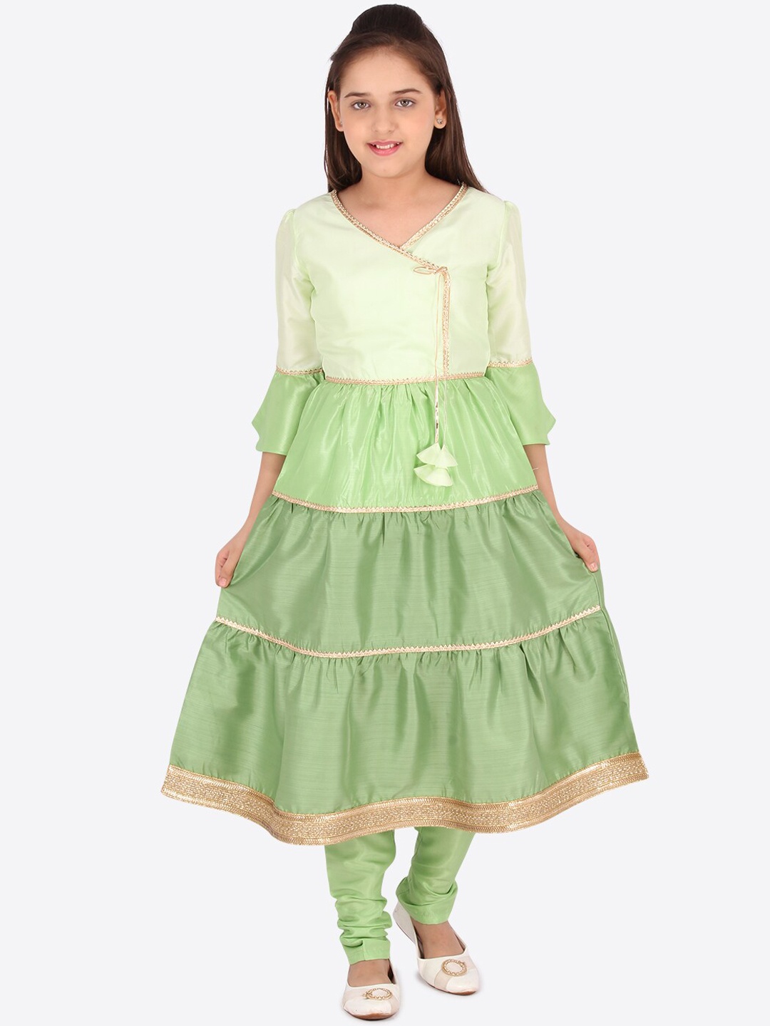 

CUTECUMBER Girls Green Tiered Kurta with Churidar