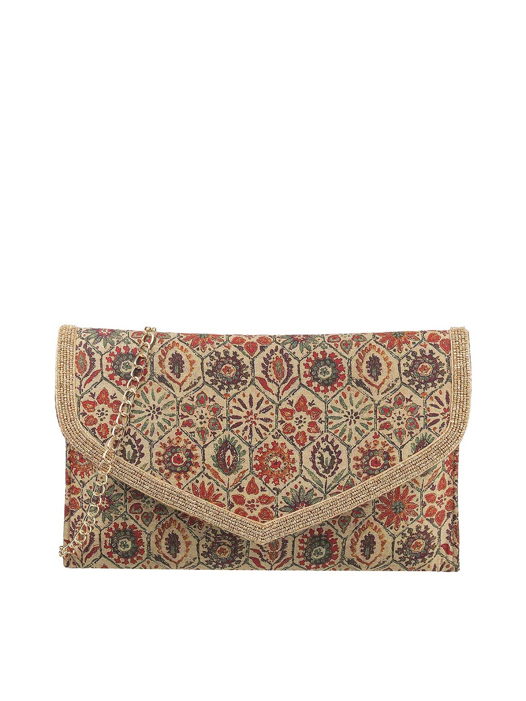 

Mochi Gold-Toned & Orange Printed & Embellished Envelope Clutch