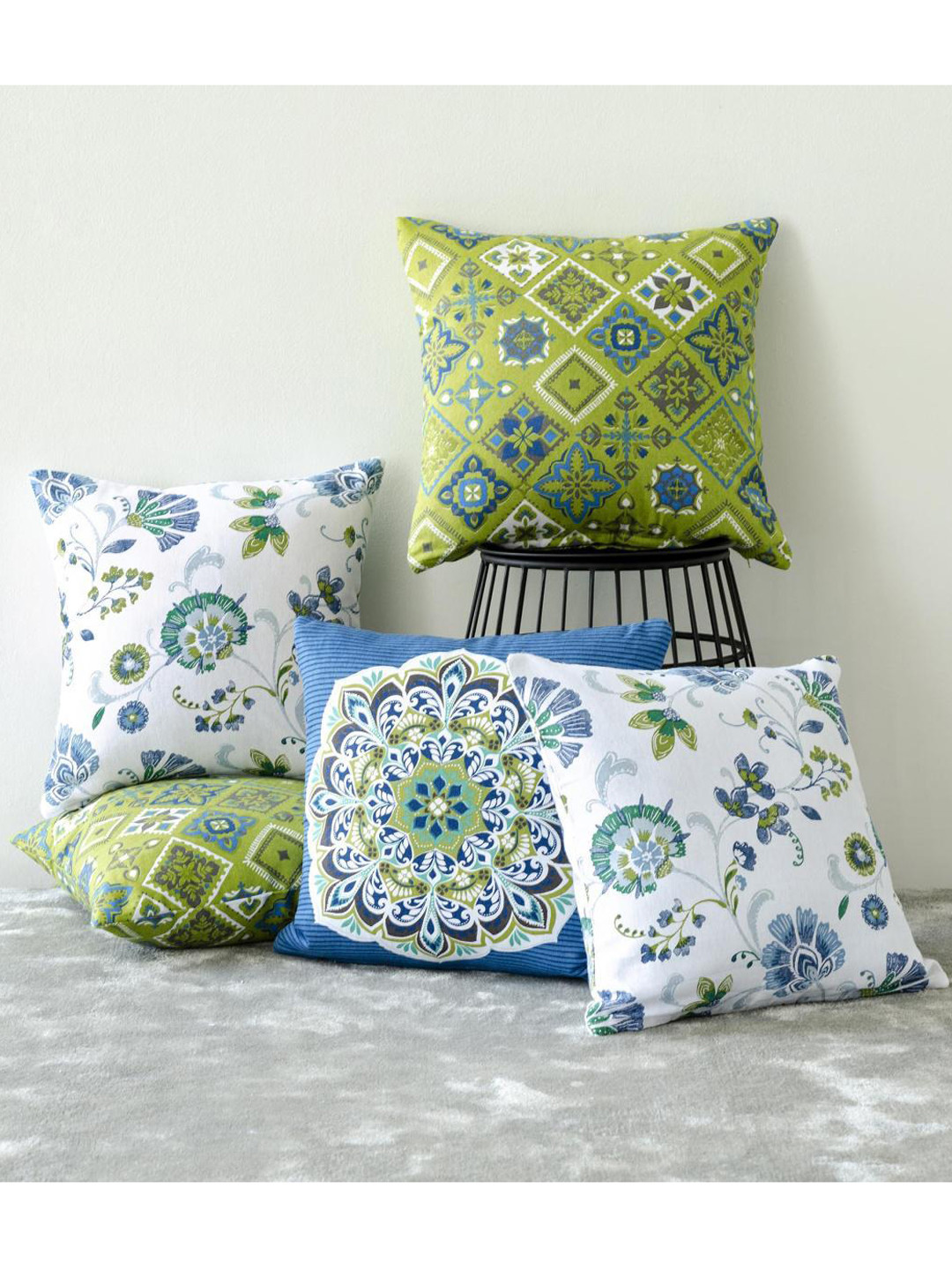 

Home Centre Set of 5 Blue & Green Printed Cotton Square Cushion Covers