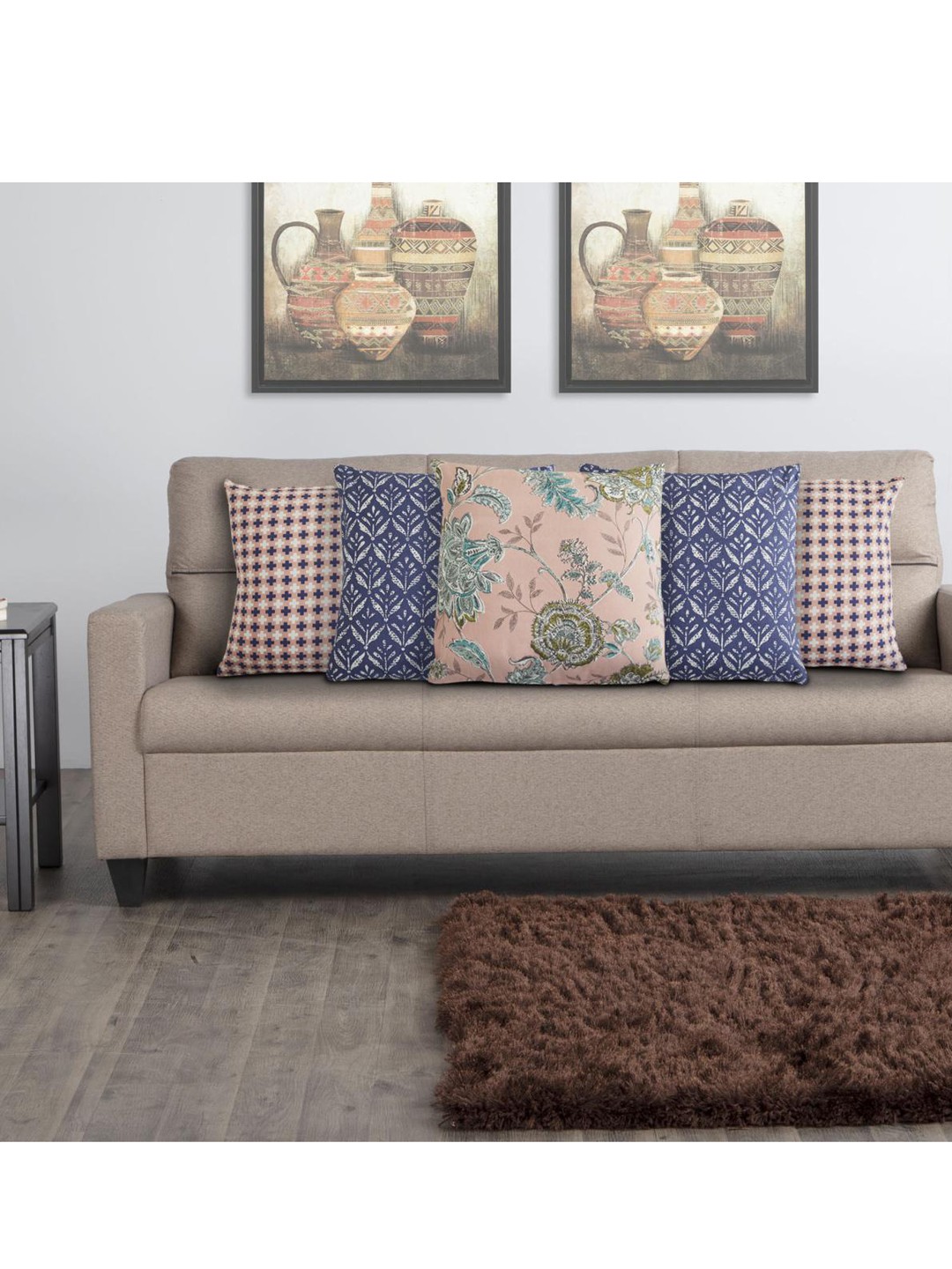 

Home Centre Peach-Coloured & Blue Set of 5 Printed Cotton Square Cushion Covers