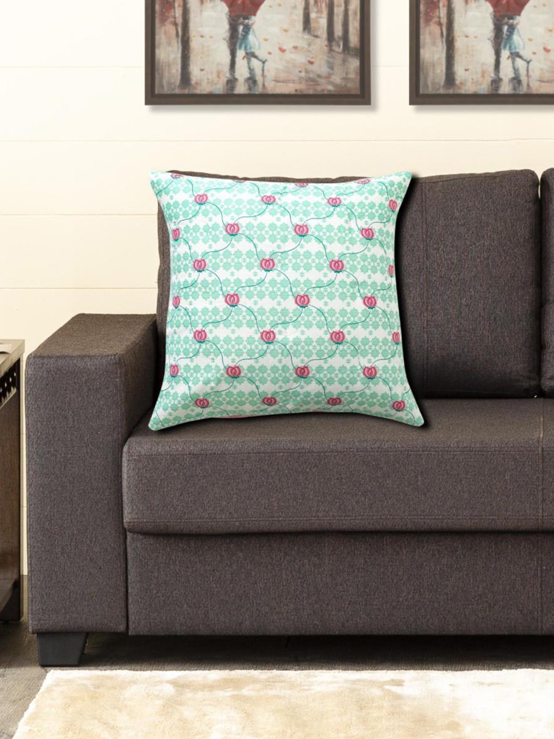 

Home Centre Teal & White Floral Printed Euro Sham Cotton Square Cushion Cover