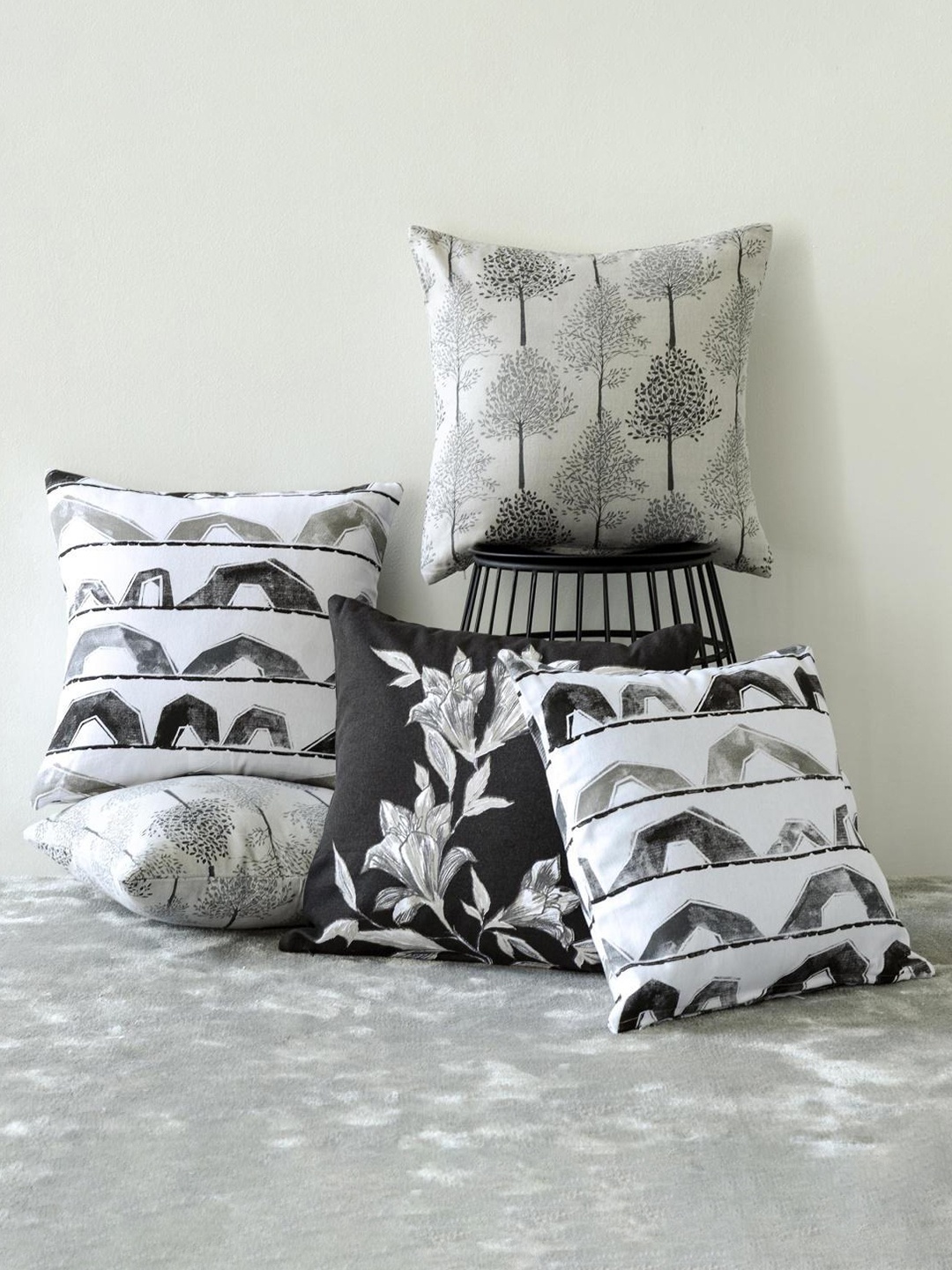 

Home Centre Grey & Black Set of 5 Hewa Printed Cotton Square Cushion Covers