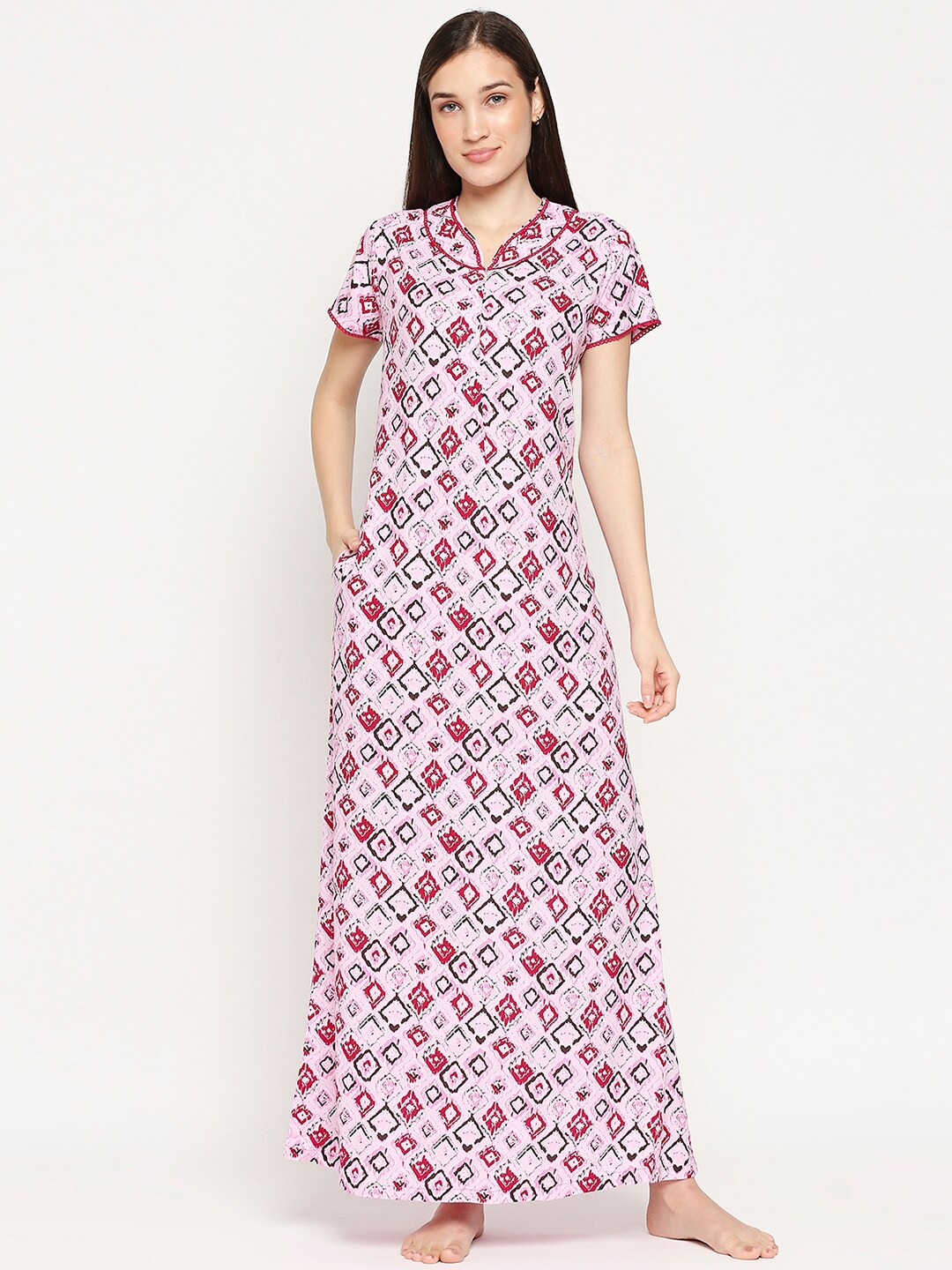 

XIN Women Pink Printed Round Neck A-Line Nighty