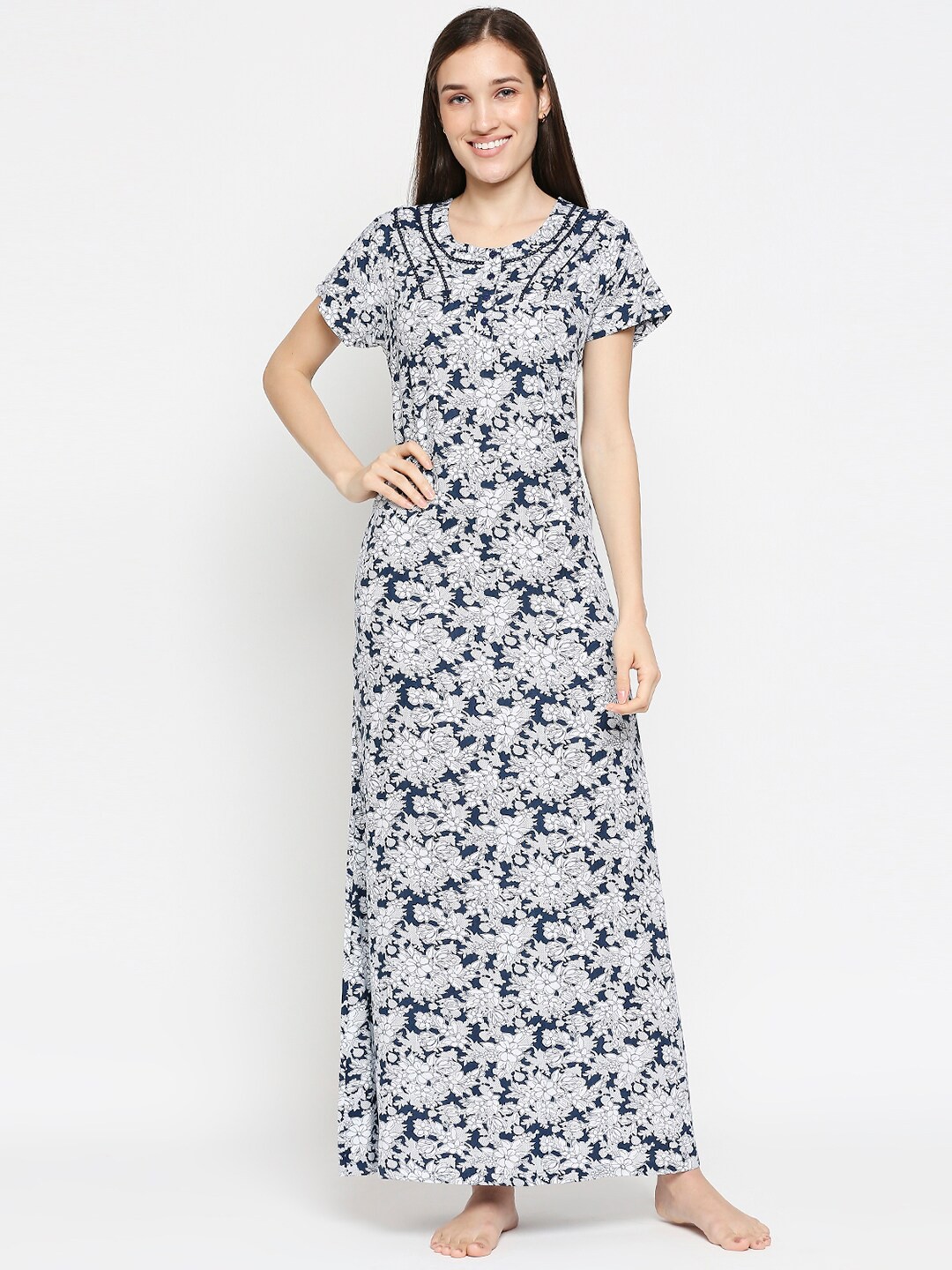 

XIN Navy Blue Printed Maxi Nightdress