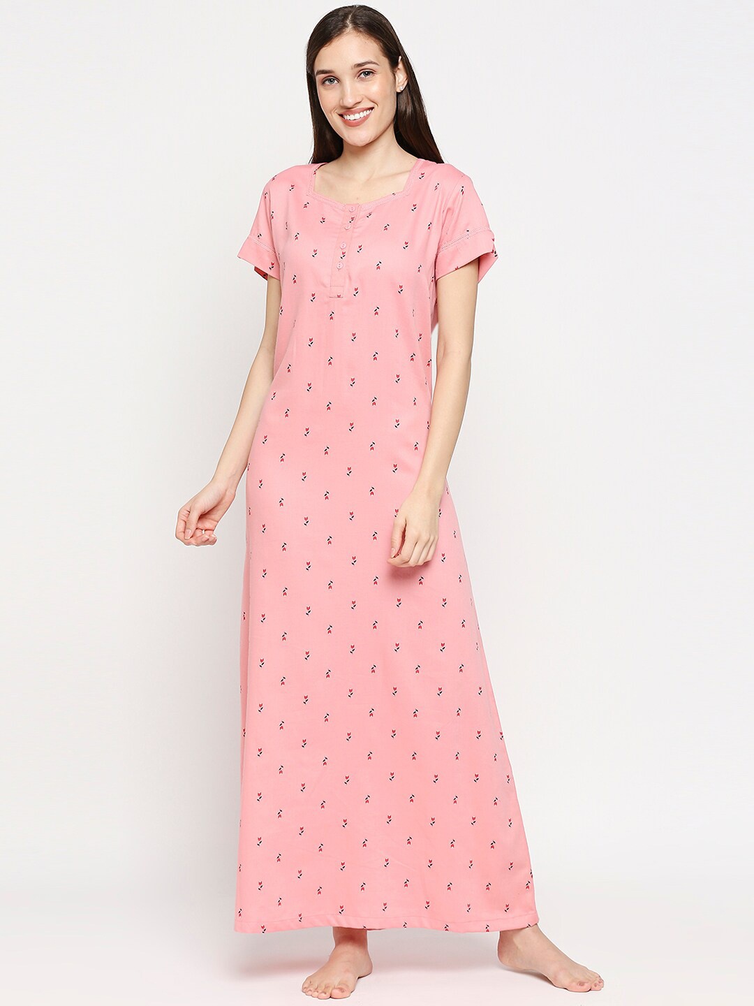 

XIN Pink Printed Maxi Cotton Blend Nightdress