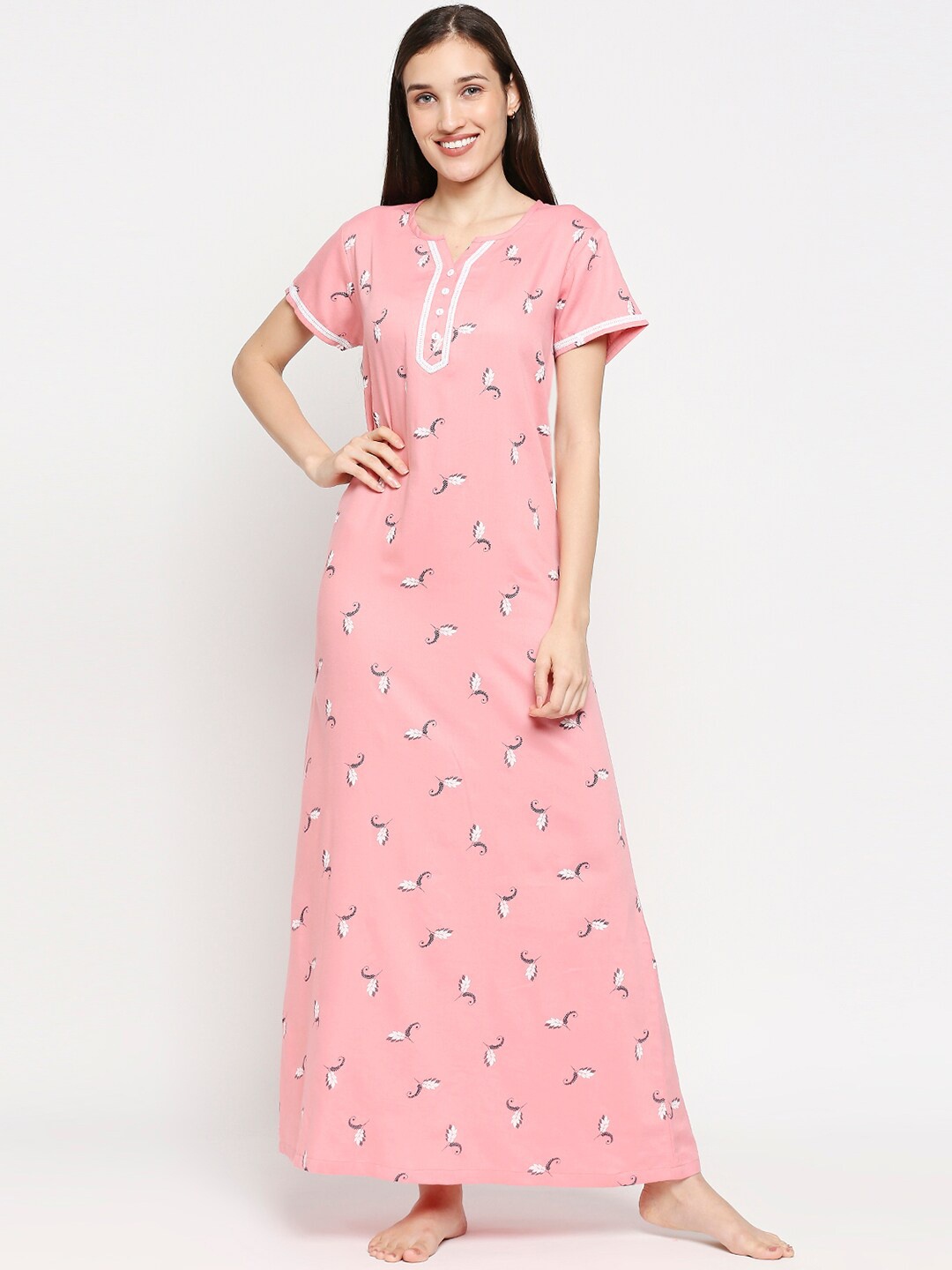 

XIN Women Pink Printed Maxi Nightdress