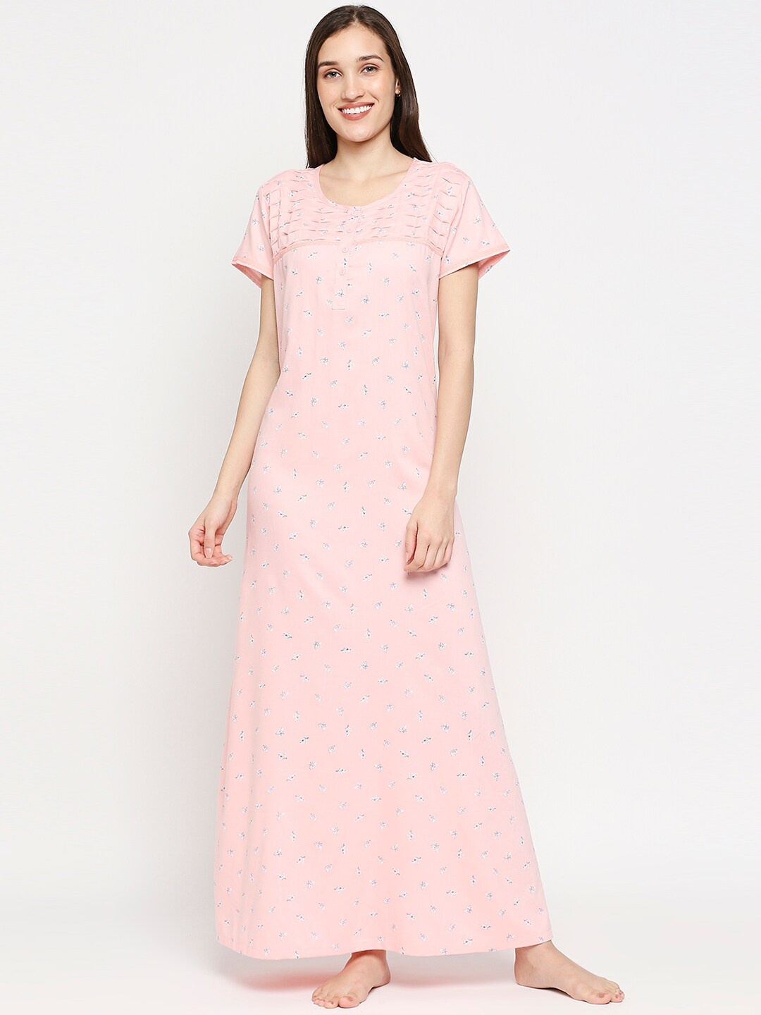 

XIN Women Peach & White Floral Printed V-Neck Maxi Night Dress