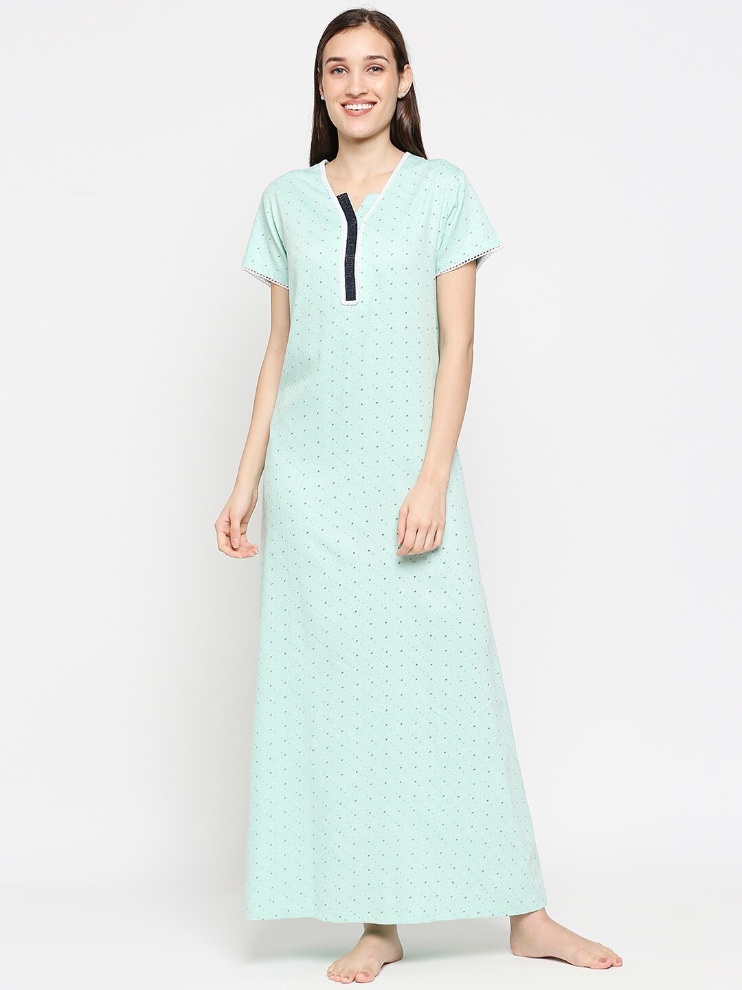 

XIN Women Sea Green & Black Printed Maxi Nightdress