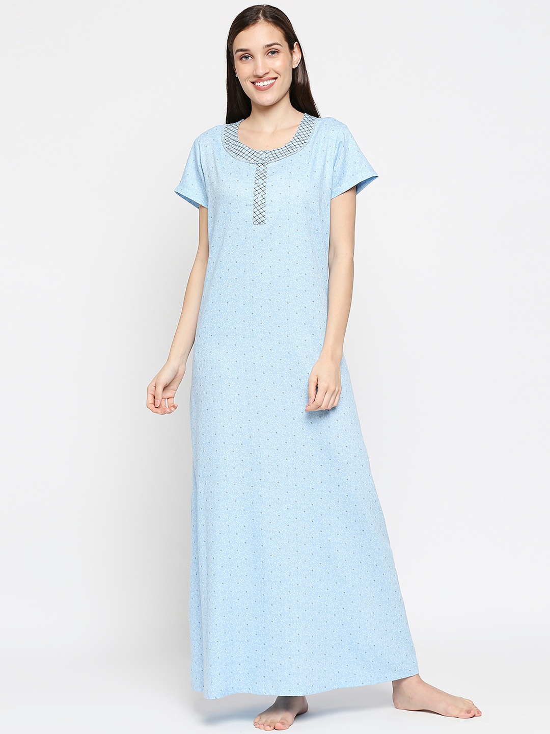 

XIN Blue Printed Maxi Cotton Blend Nightdress