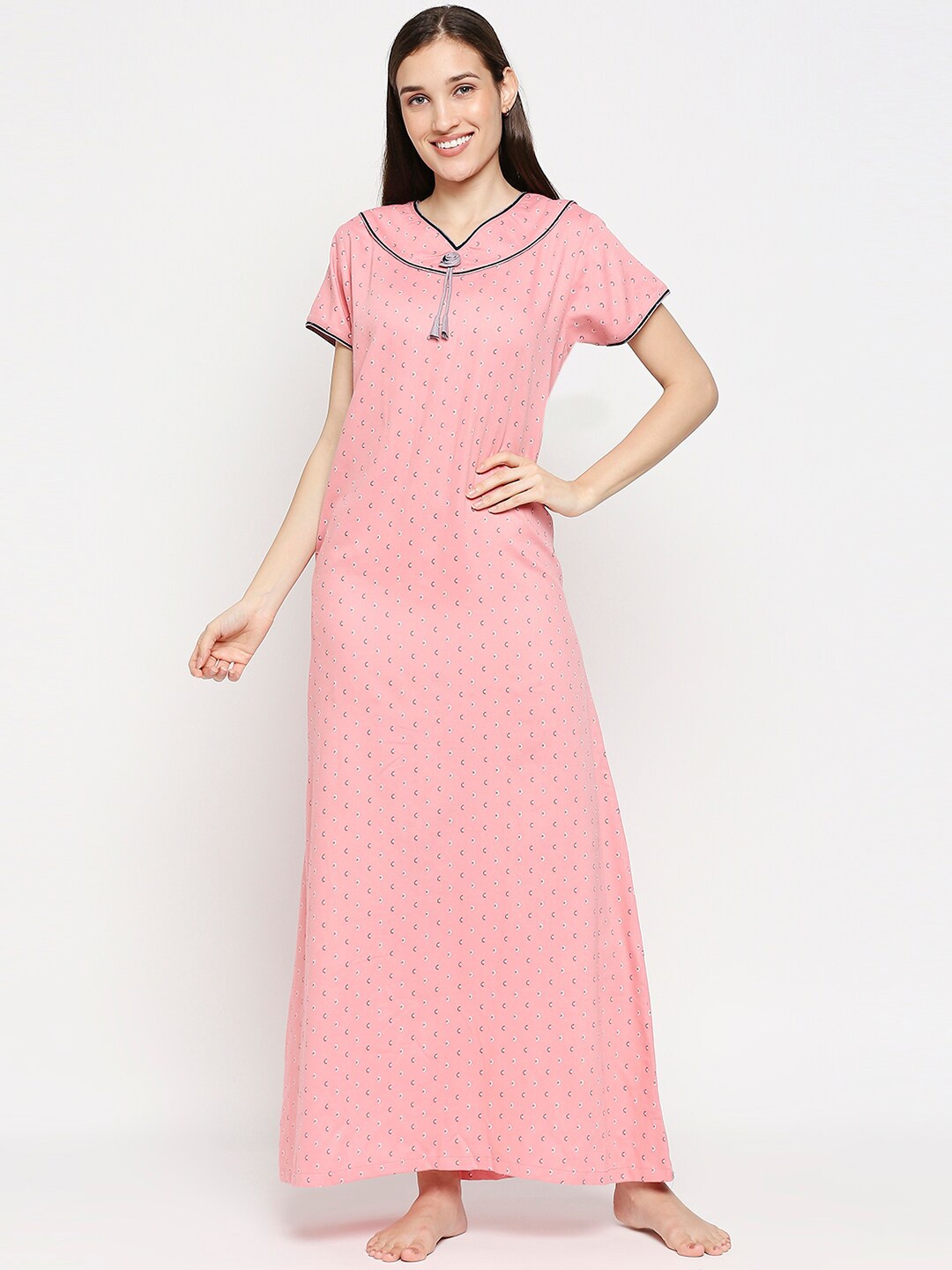 

XIN Women Pink & Black Printed V-Neck Maxi Night Dress