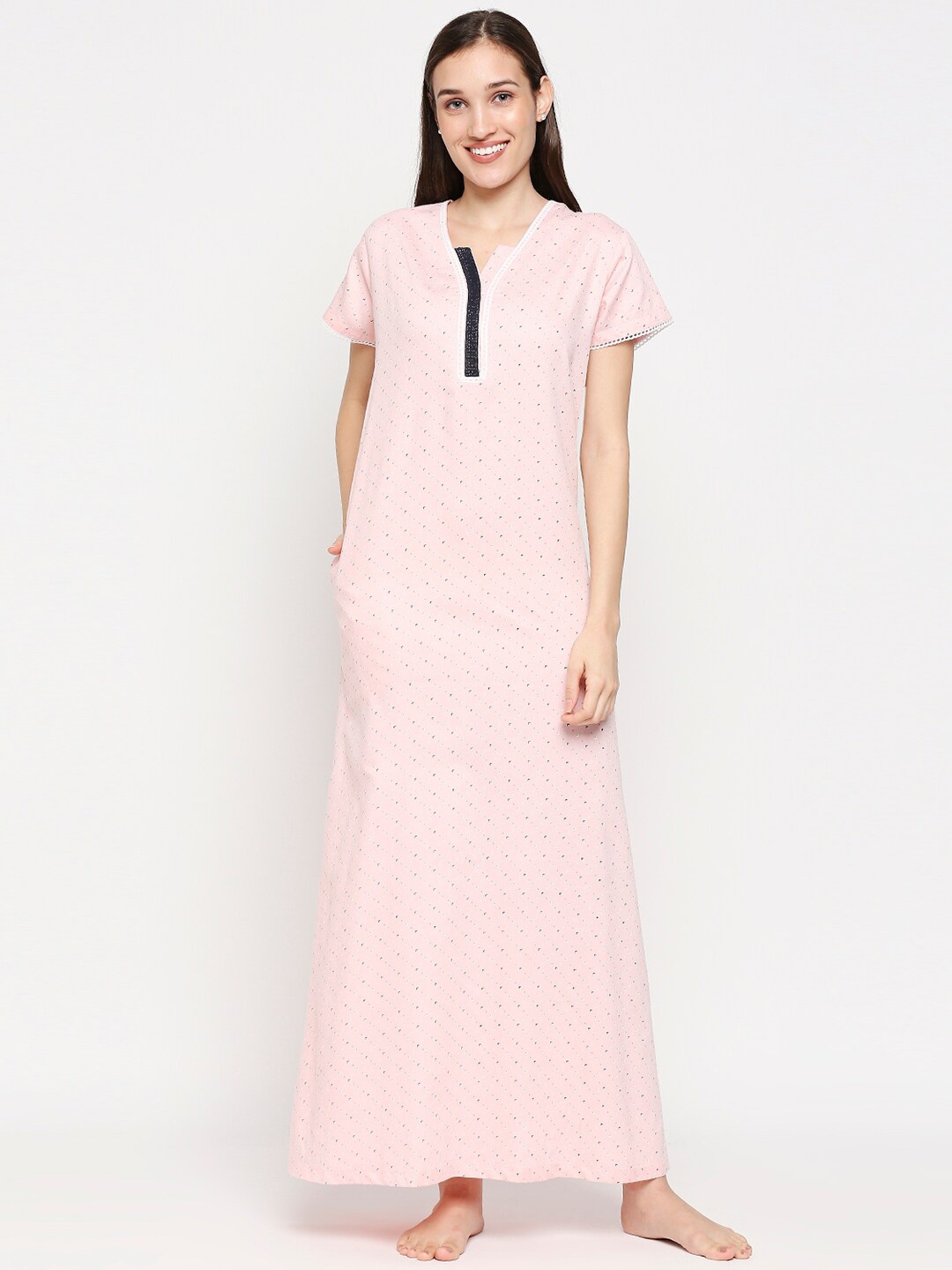 

XIN Women Peach & Blue Printed V-Neck Maxi Night Dress