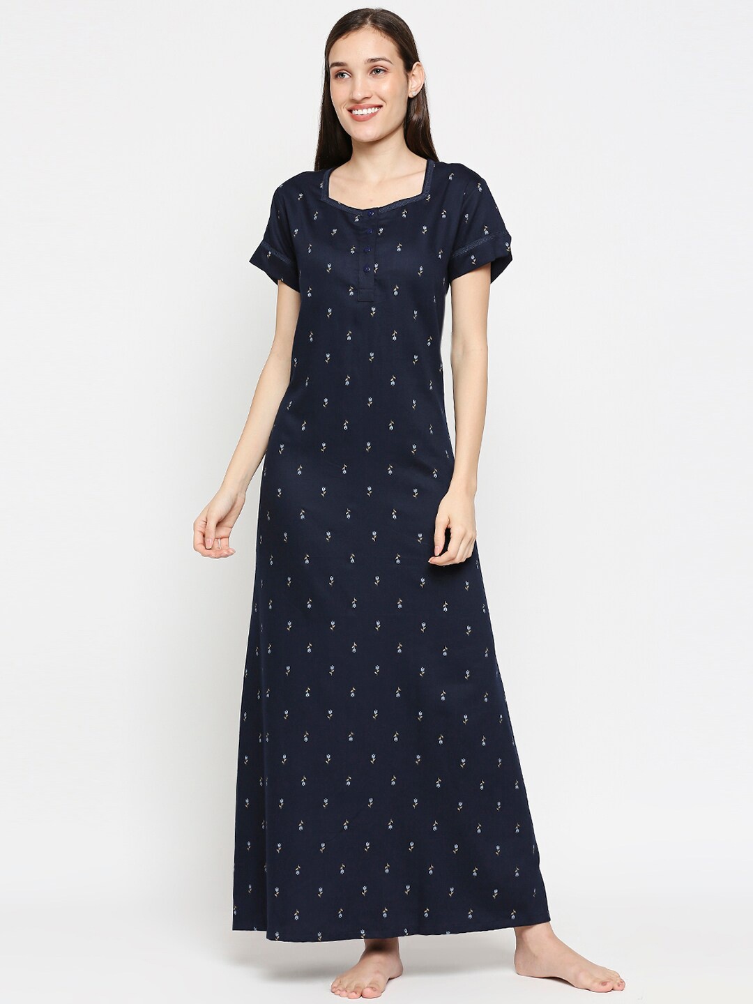 

XIN Women Navy Blue Printed Maxi Nightdress