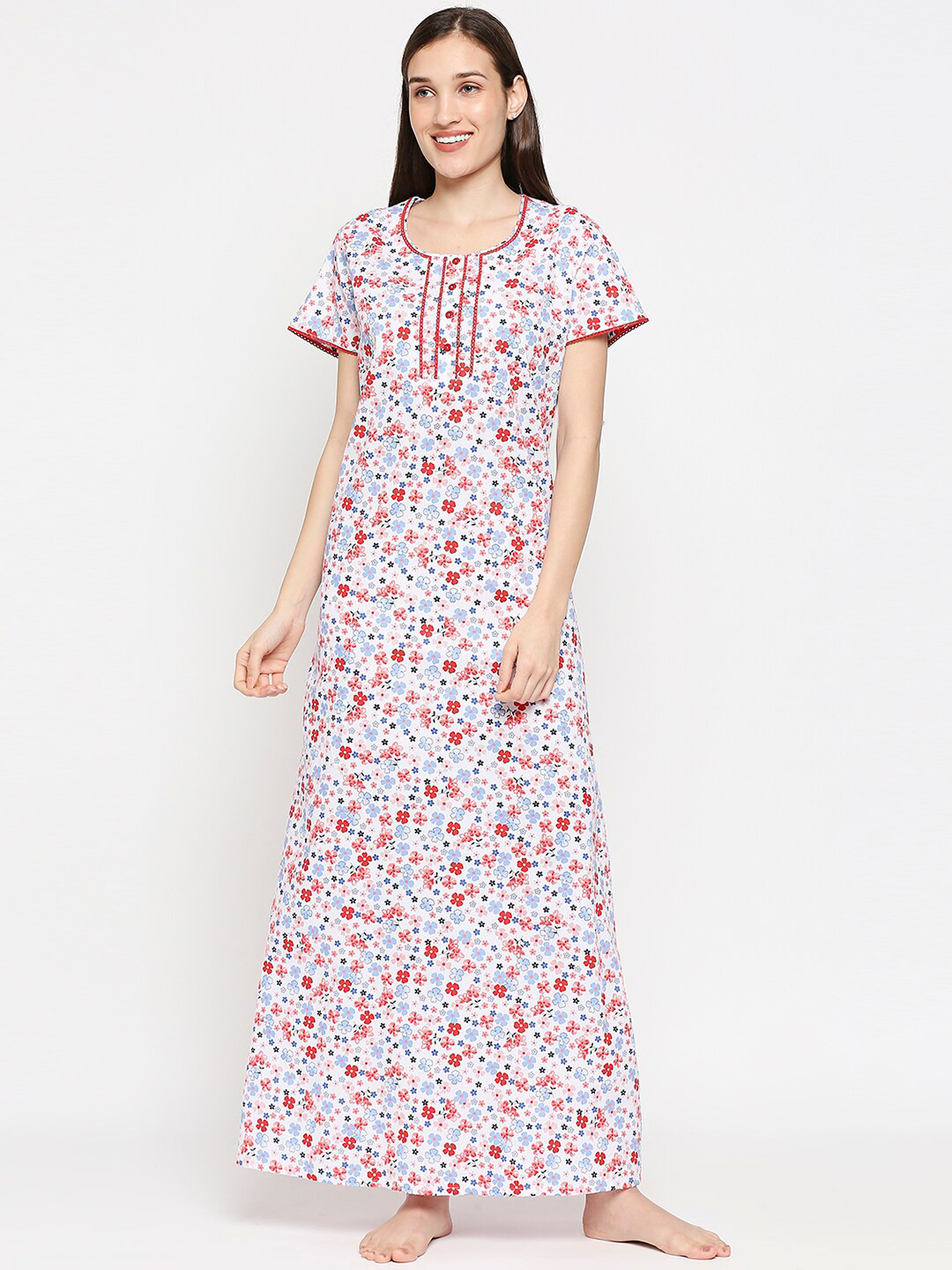 

XIN Women White Printed Maxi Nightdress