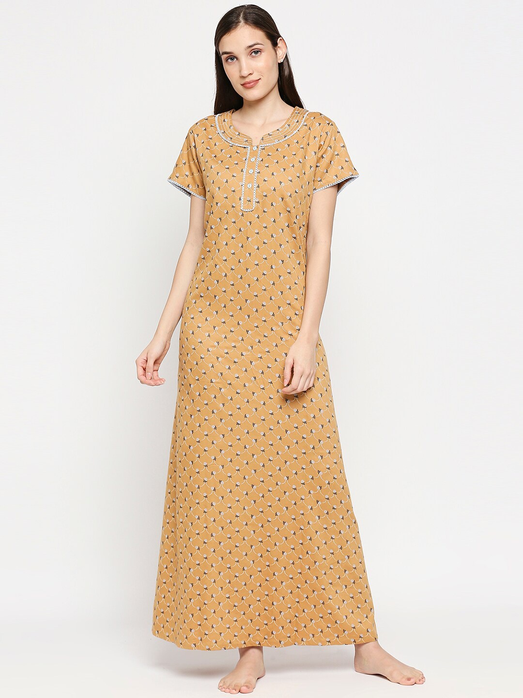 

XIN Mustard Printed Maxi Cotton Blend Nightdress