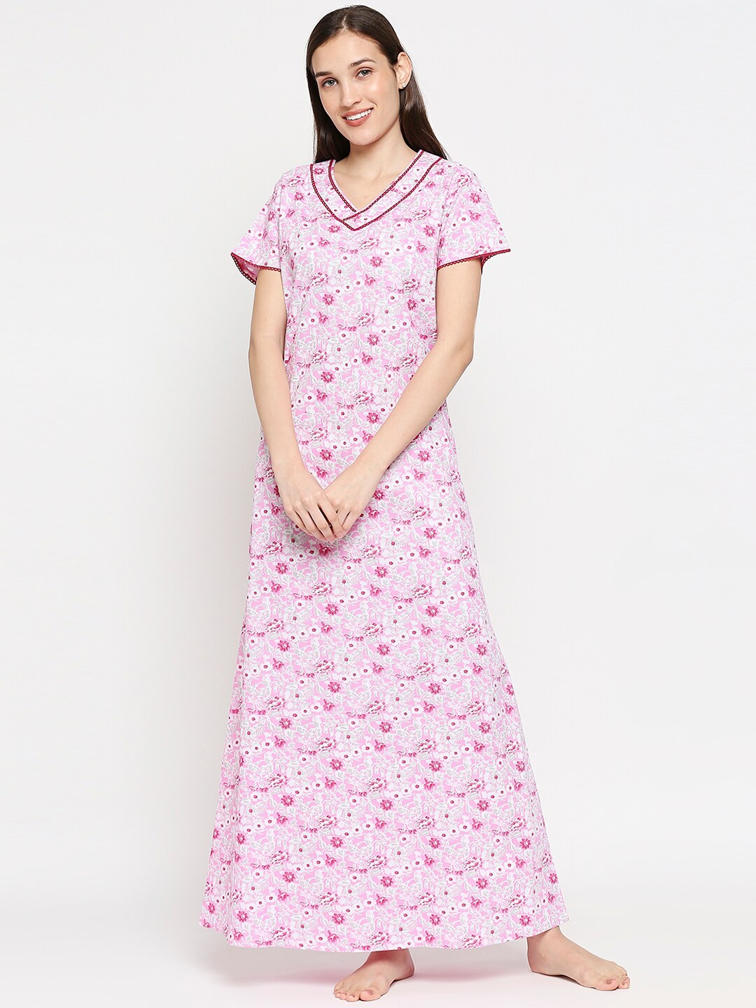 

XIN Women Pink & Grey Floral Printed Short Sleeves V-Neck Night Dress