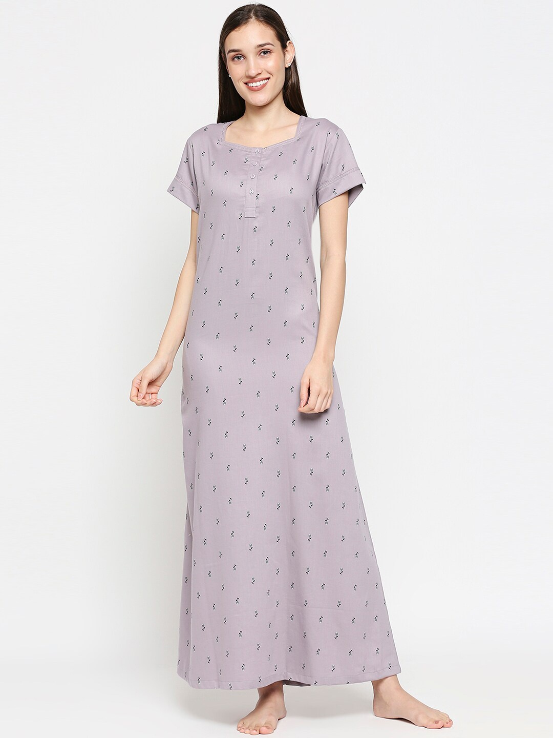 

XIN Women Grey& Black Printed Maxi Nightdress