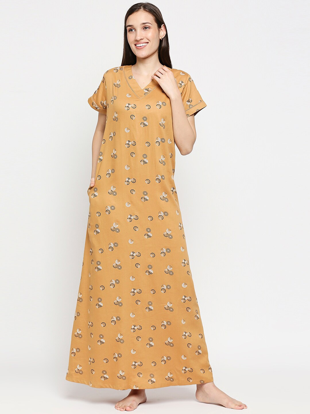 

XIN Women Mustard Printed Maxi Nightdress