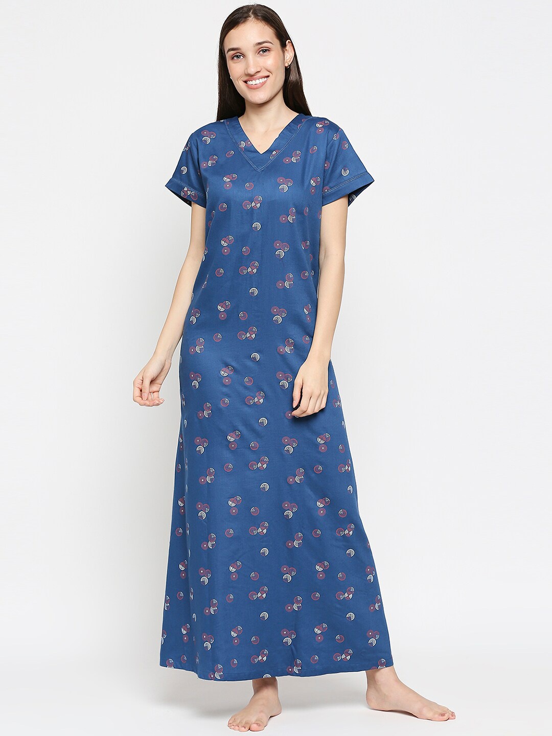 

XIN Navy Blue Printed Maxi Cotton Blend Nightdress
