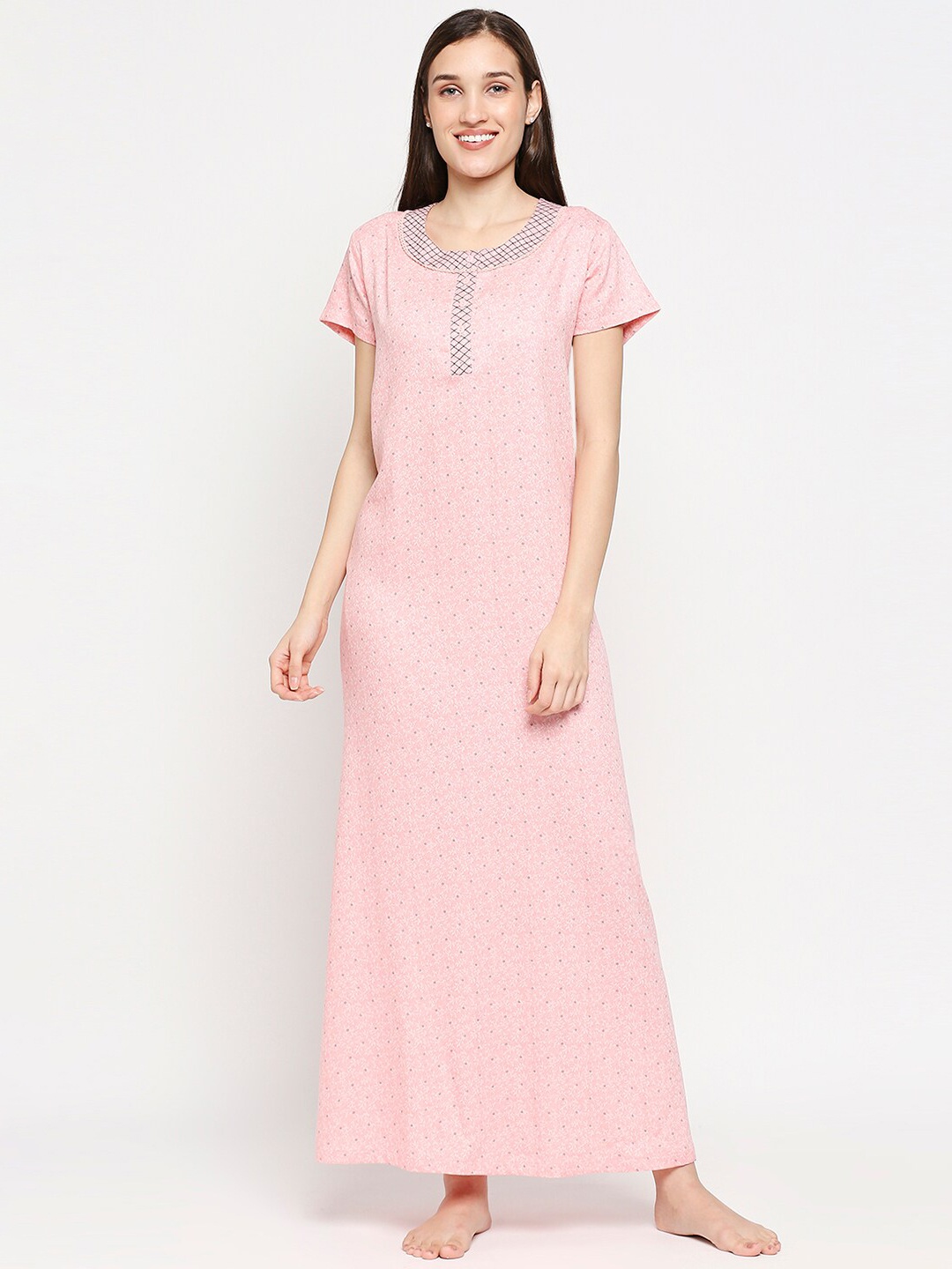 

XIN Peach-Coloured Printed Maxi Cotton Blend Nightdress