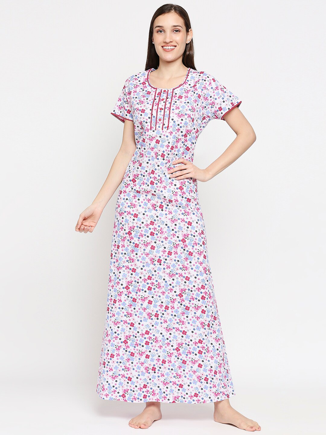 

XIN Women White & Pink Printed Maxi Nightdress