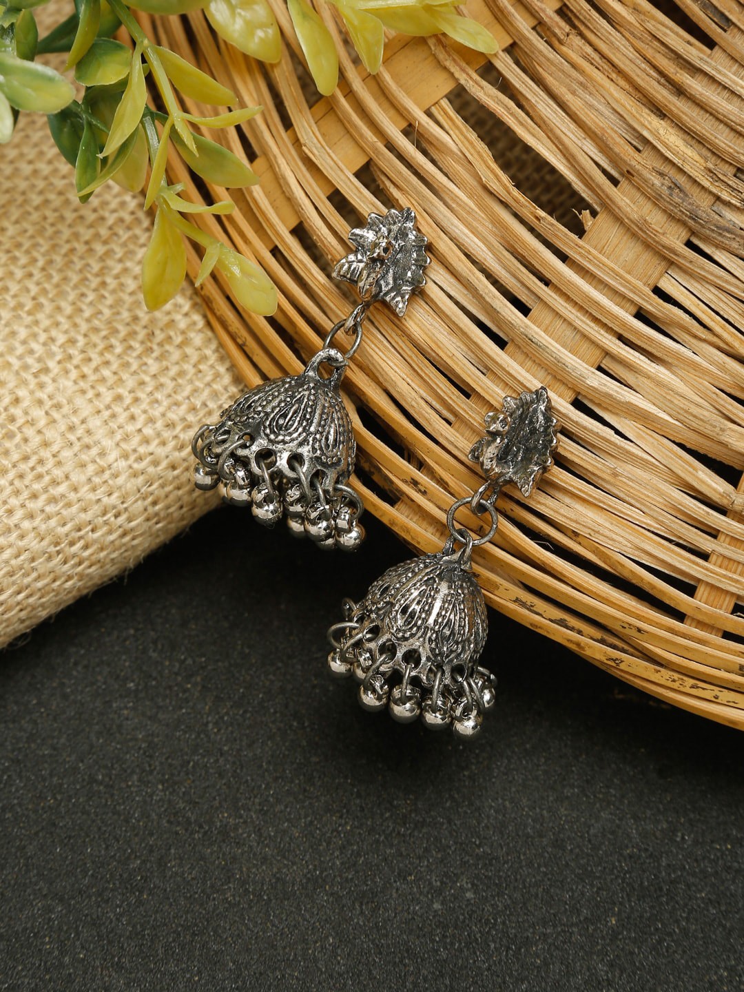 

NEUDIS Women Silver-Toned Domed Shaped Jhumkas Earrings