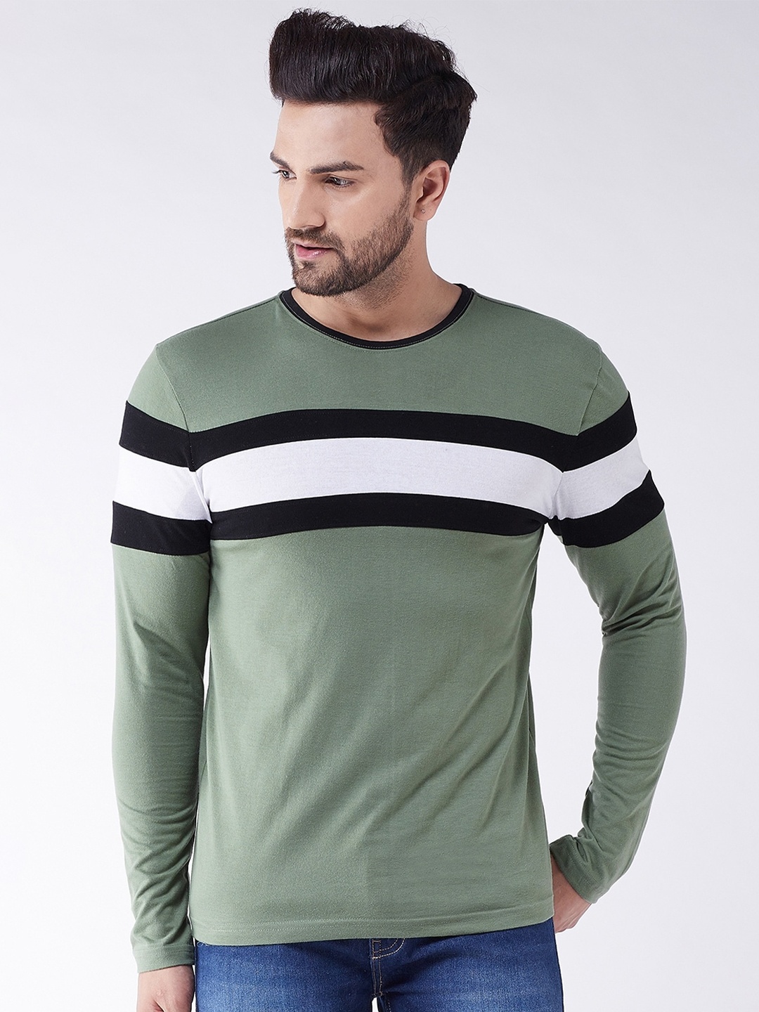 

GRITSTONES Men Green & White Striped Cotton T-shirt