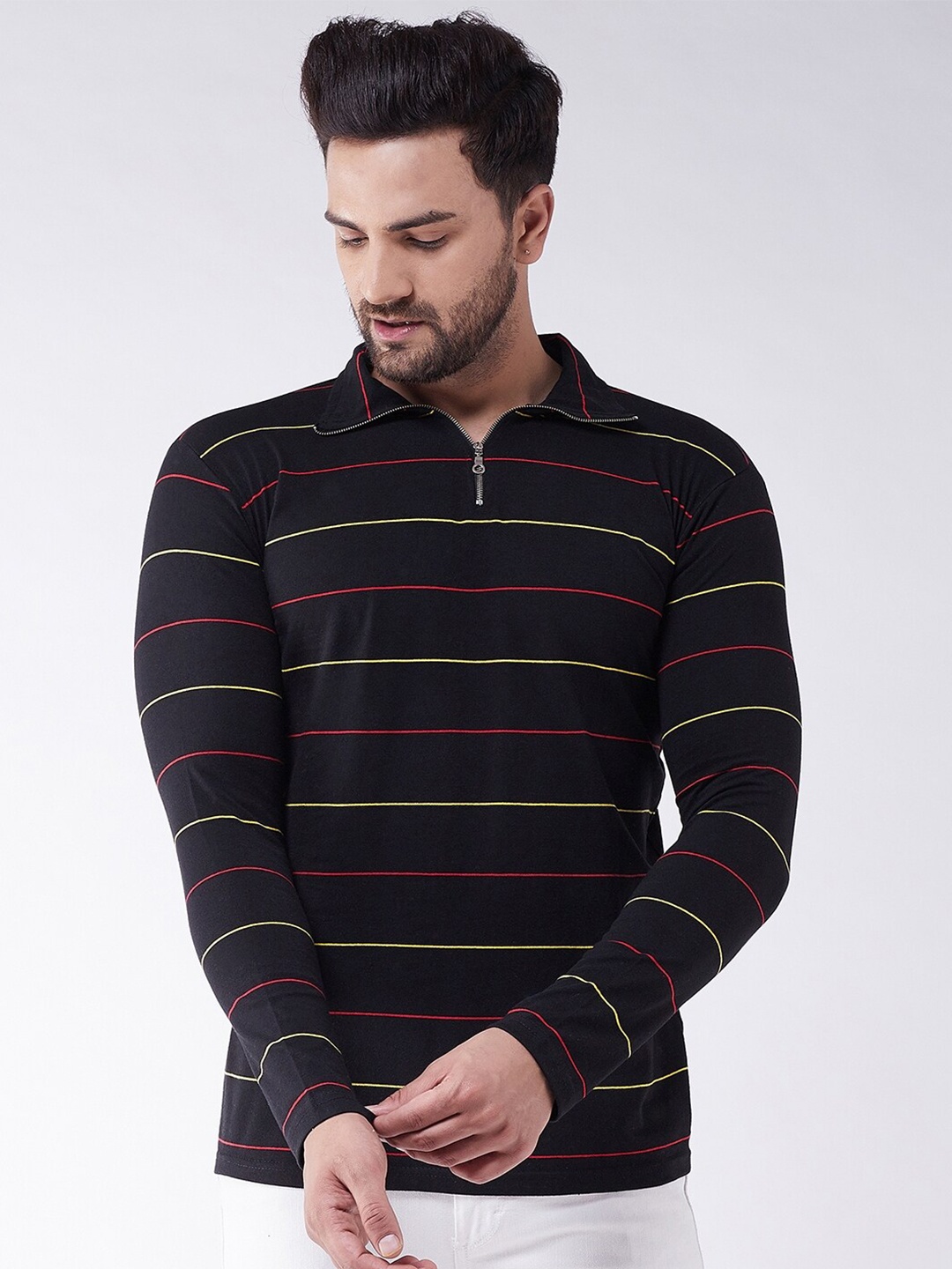 

GRITSTONES Men Black & Red Striped Polo Collar Cotton T-shirt