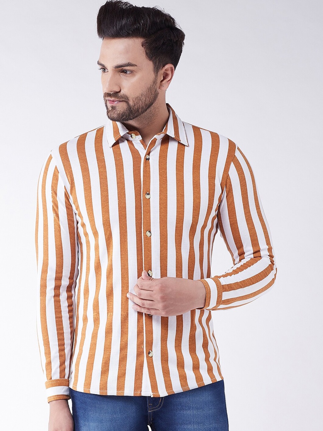 

GRITSTONES Men Orange & White Opaque Striped Cotton Cotton Casual Shirt