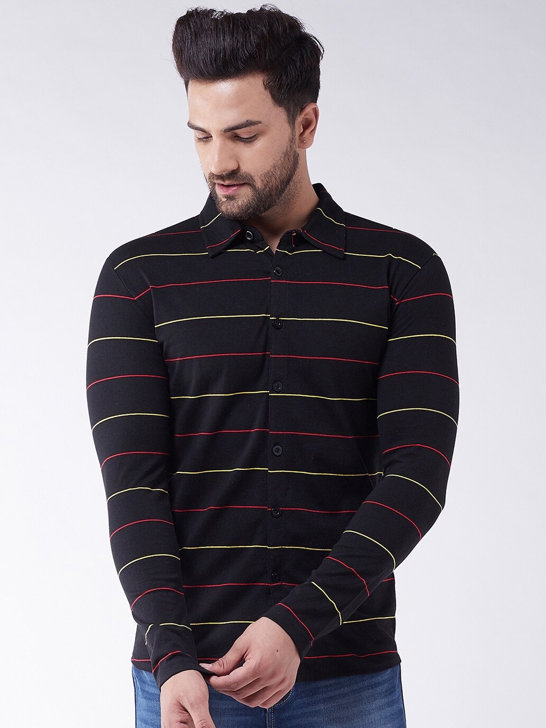 

GRITSTONES Men Black & Red Horizontal Stripes Opaque Striped Cotton Casual Shirt