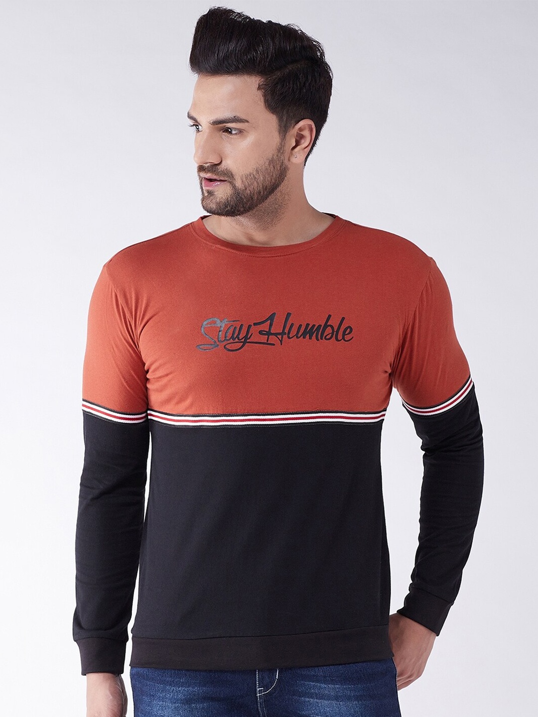 

GRITSTONES Men Rust Brown & Black Cotton Colourblocked T-shirt