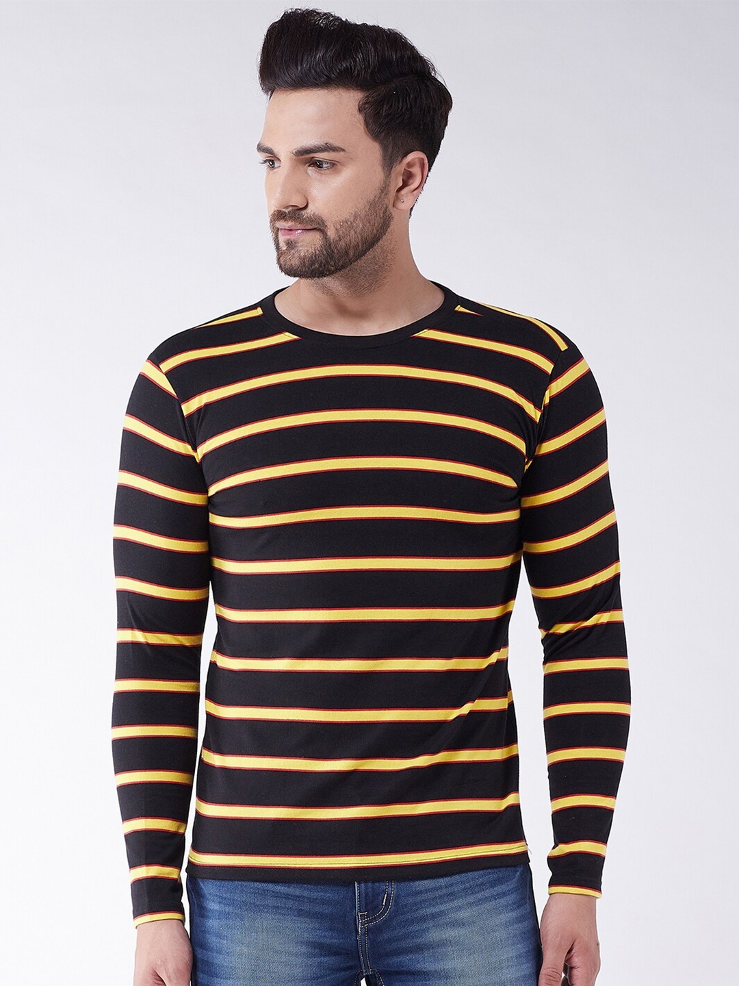 

GRITSTONES Men Black & Yellow Striped Cotton T-shirt
