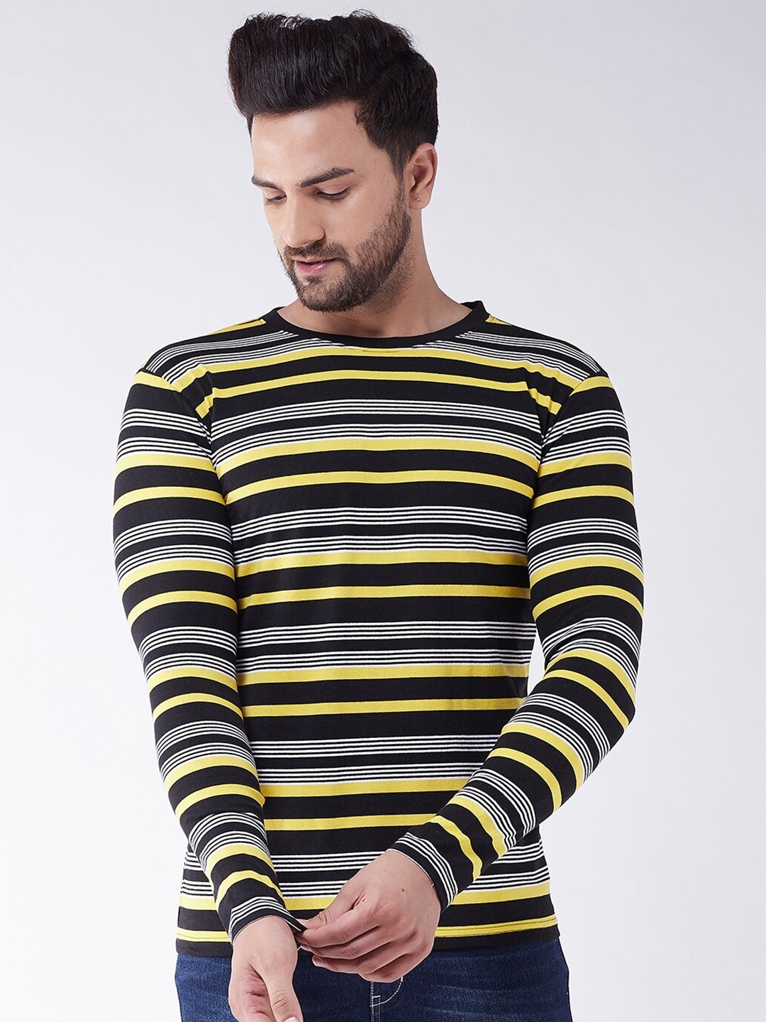 

GRITSTONES Men Black & Yellow Striped Cotton T-shirt