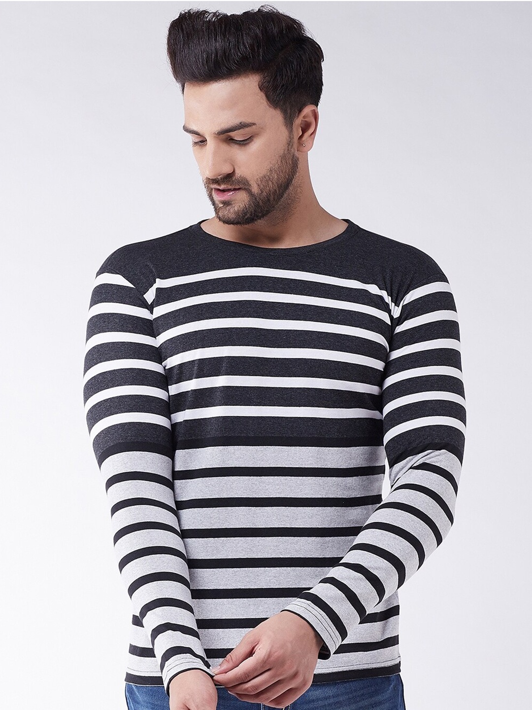 

GRITSTONES Men Black & Grey Striped Cotton T-shirt